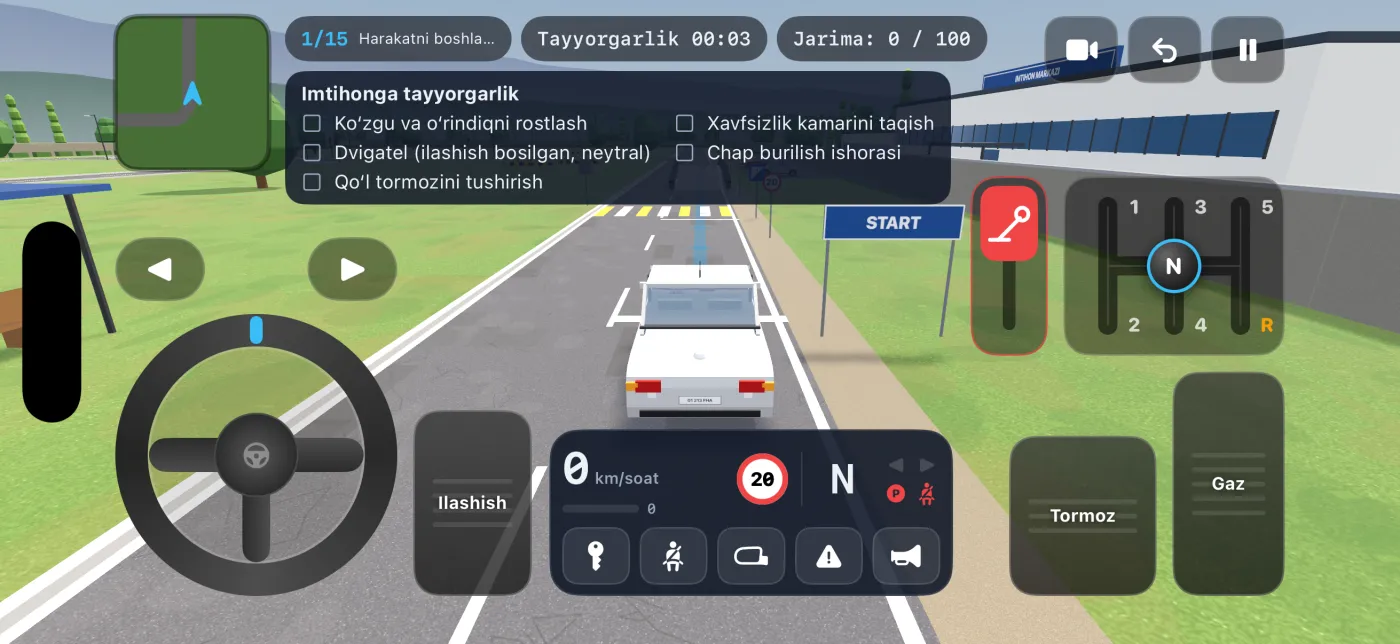Imtihon boshlanishi: rul, ilashish, pedallar va H-sxemali richag